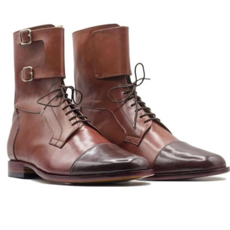 

Men Autumn New PU Leather Stitching Brown Hat Toe Ankle Boots Lace Up High Top Martin Boots Formal Boots Cowboy Boots 5KE481