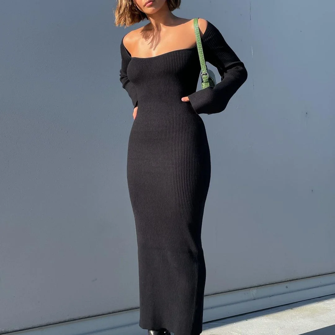 

Сексуальное трикотажное платье-футляр до середины икры, женская одежда, облегающее платье с длинным рукавом, элегантные платья с открытой с...