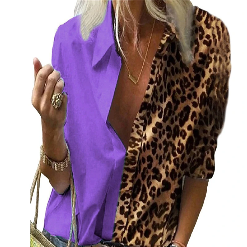 

New Leopard White Spliced Shirts Women Elegant Fashion Ladies Turn down Collar Buttons Blouse Autumn Spring Female Tops