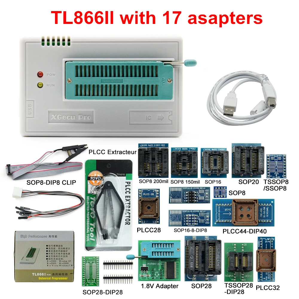 100% Оригинальный универсальный программатор V11.11 TL866II Plus + 17 адаптеров TL866 Flash EPROM