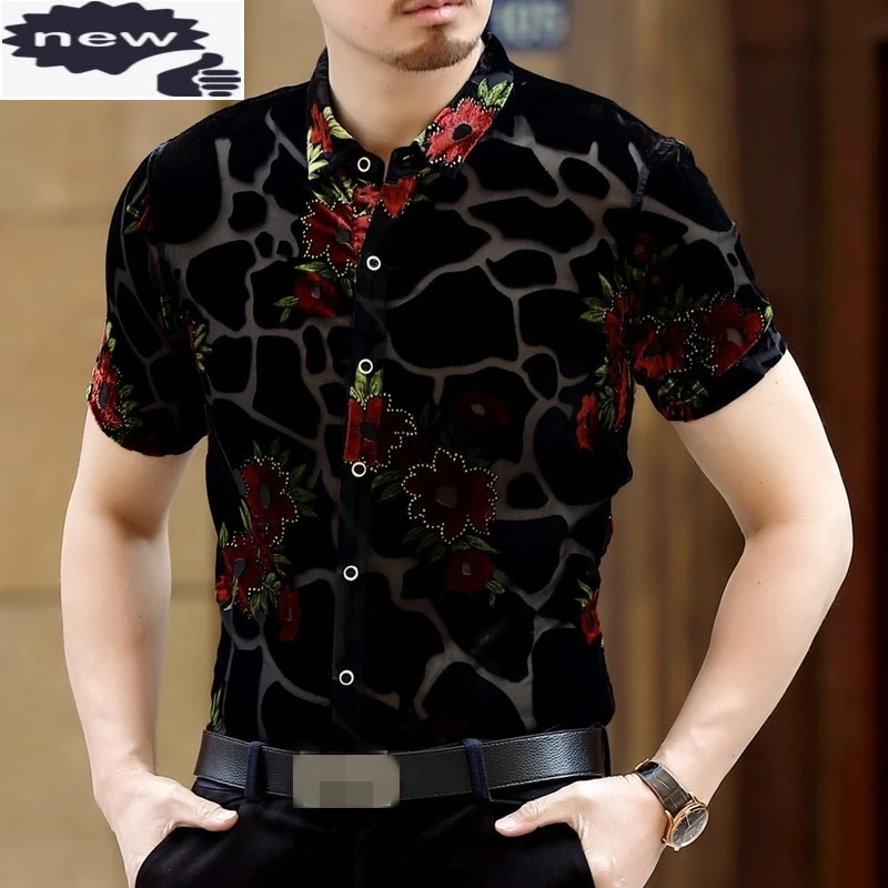 

Summer Man Short Sleeve Shirts Fashion Turn Down Collar Silk Embroidery Velvet Male Shirt Slim Fit Hollow Out Blusas Masculina