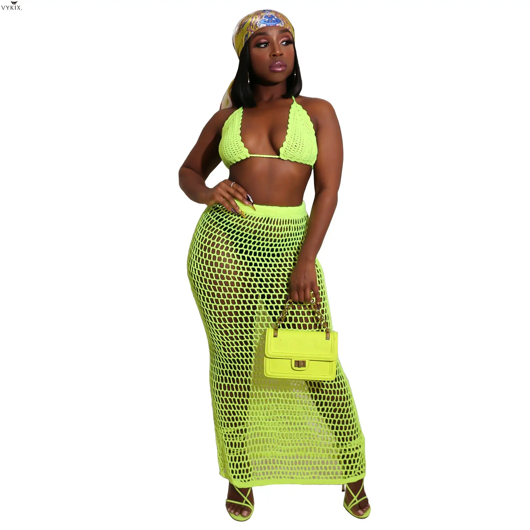 Летний женский комплект платье вязаный пляжный сексуальный прозрачный