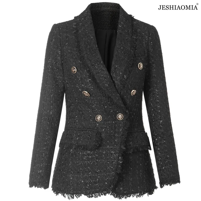 

JESHIAOMIA- 2021 Autumn Notched Collar Double Breasted Tweed Blazer