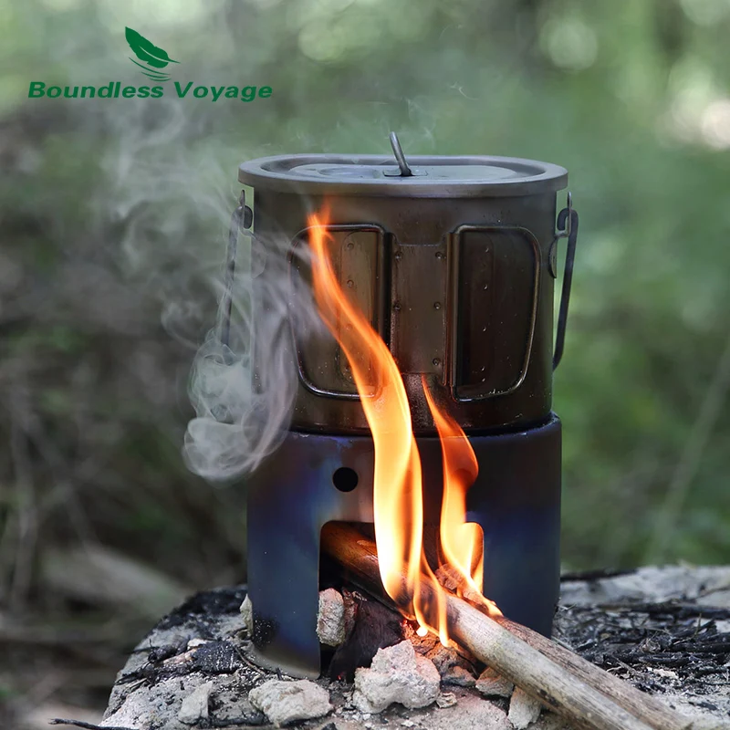 

Boundless Voyage Outdoor Camping Titanium Pot Wood Stove set with Folding Handle Hanging Ring 2 in 1 Cup Furnace