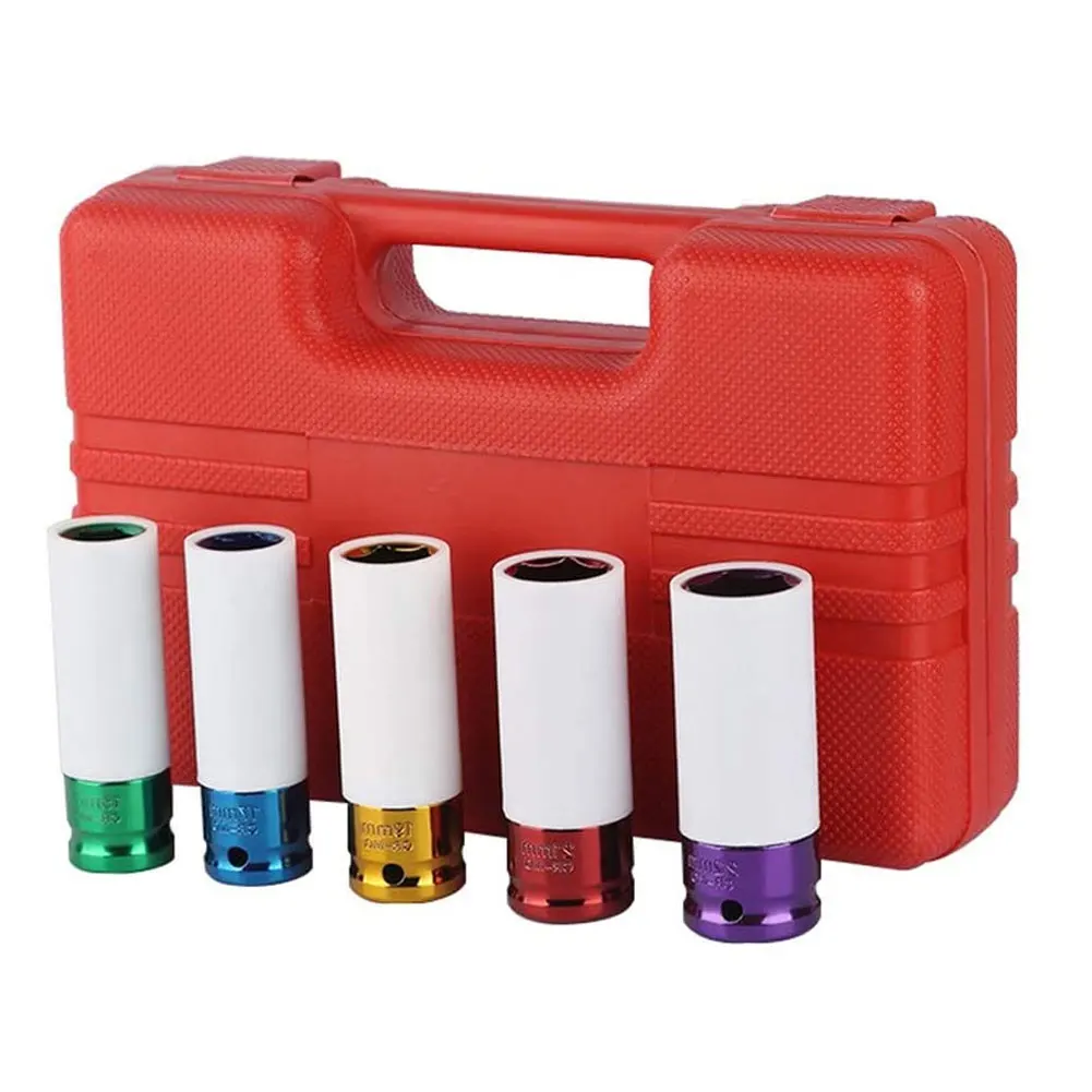 

5PCS 1/2" DR Tire Protection Sleeve Wall Deep Impact Nut Socket Alloy Wheel 15mm 17mm 19mm 21mm 22mm Deep Impact Nut Socket Set