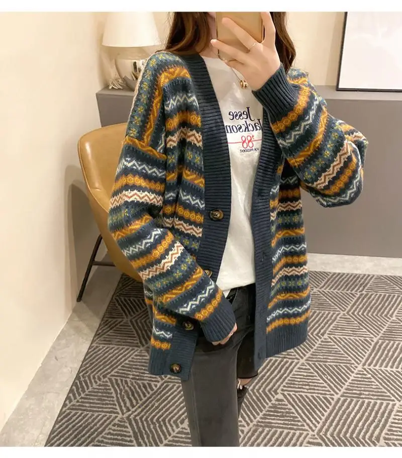 

Fashion striped cardigan sweater jacket women 2021 new spring and autumn foreign style knitted loose cardigan women's jacket