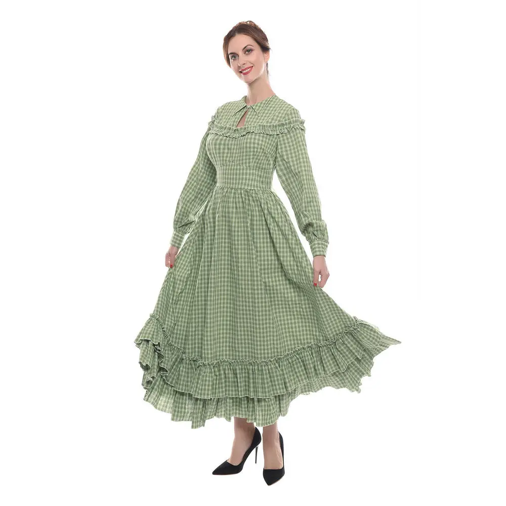 

Women Pioneer Costume American Historical Modest Prairie Colonial Dress Plaid 6Colors Plus Size