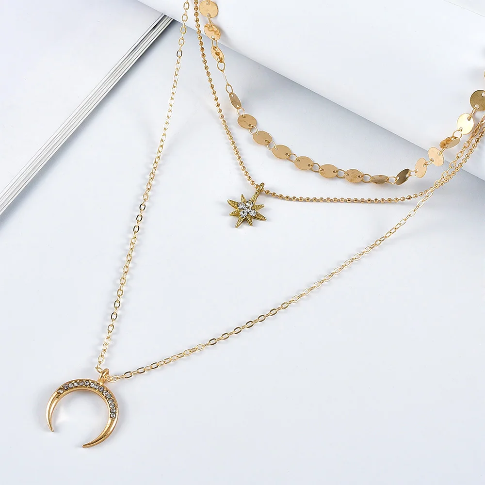 Boho New Fashion Sequin Crystal Sun Horns Pendant Necklaces For Women Vintage 2020 Gold Necklace Multilayer Female Jewelry Gift | Украшения