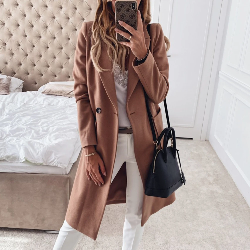 

Winter Coat Women Elegant Long Woolen Coat Women Clothing Turn-down Pocket Double Breasted Female Coats and Jackets