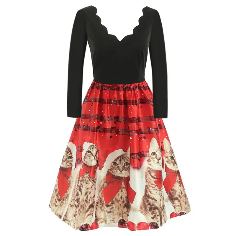 Женское платье с коротким рукавом Хэллоуин Рождество кошка принт музыкальных