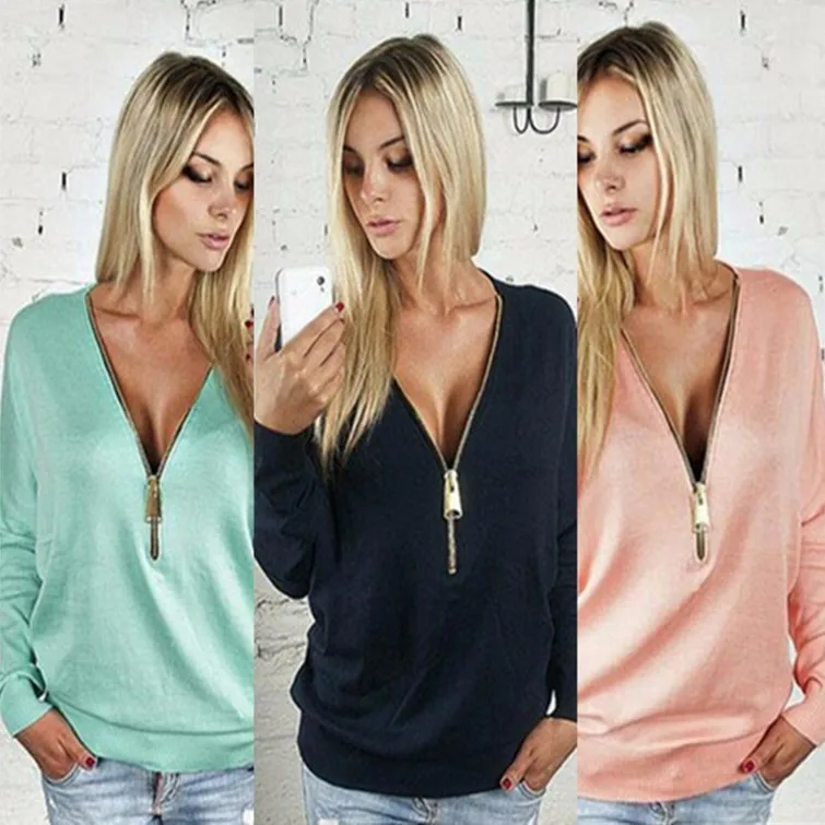 

Sexy deep v zip t-shirt Women bat sleeve long sleeve top pollover