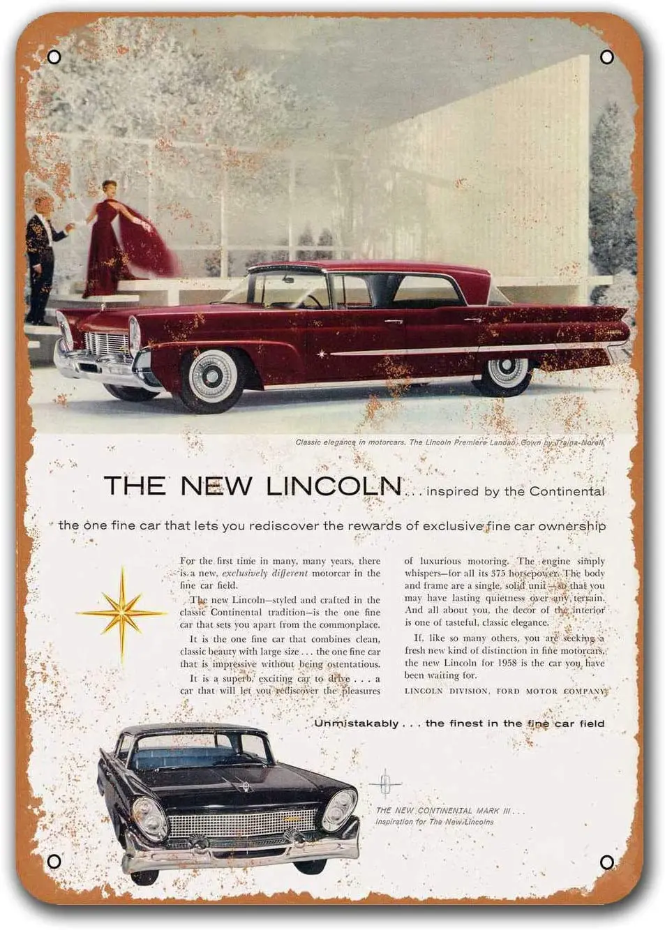 

Wall Decor Coffee Club Office 1958 Lincoln Car Tin Signs Vintage Metal Bar Poster Garage Bar Game Room 8x12 inches