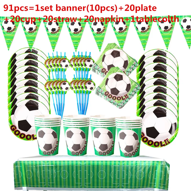 Juego de vajilla desechable para ni&ntilde;os, vajilla con tem&aacute;tica de Copa Mundial de f&uacute;tbol, fiesta de cumplea&ntilde;os verde, servilletas, platos y vasos, suministros para fiesta, 1set-2