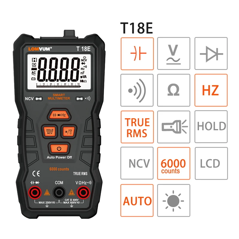 T18E LOMVUM мультиметр True RMS 6000 отсчетов Высокоточный цифровой мультиметр NCV умный мультиметр Авто Диапазон AC/фонарик постоянного тока - Цвет: T18E