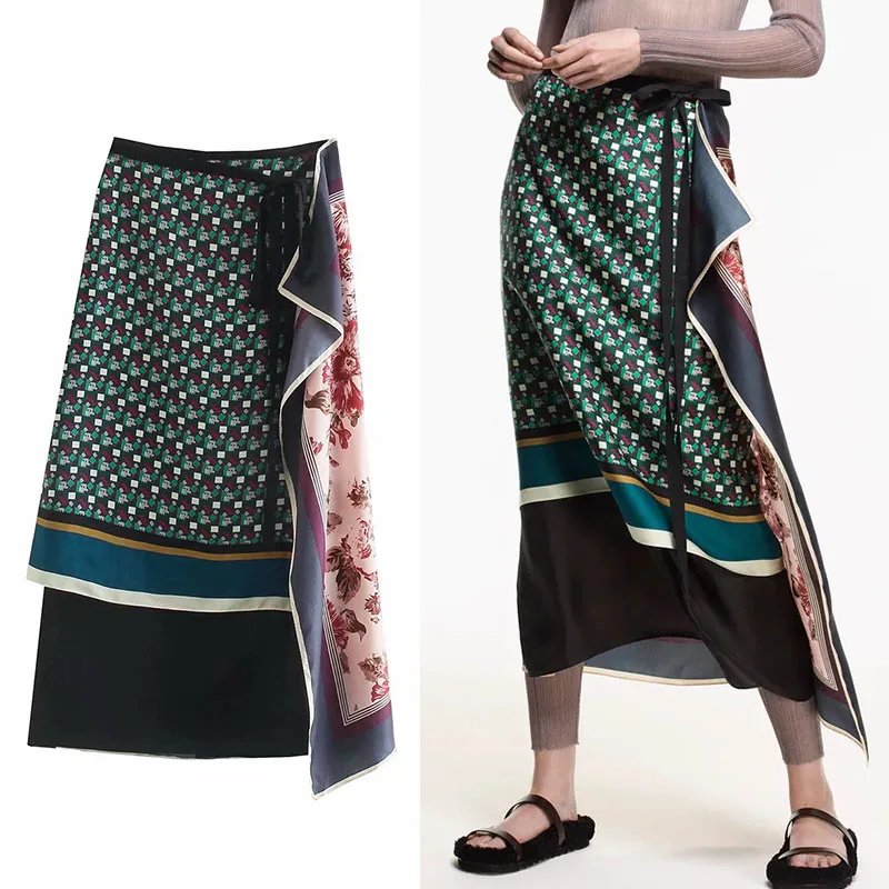 

ZA Women Flower Printed Dress Summer 2021 Elegant Causal Print Asymmetric Simulation Silk Sarong Dress Chic Mid-Calf Streetwear