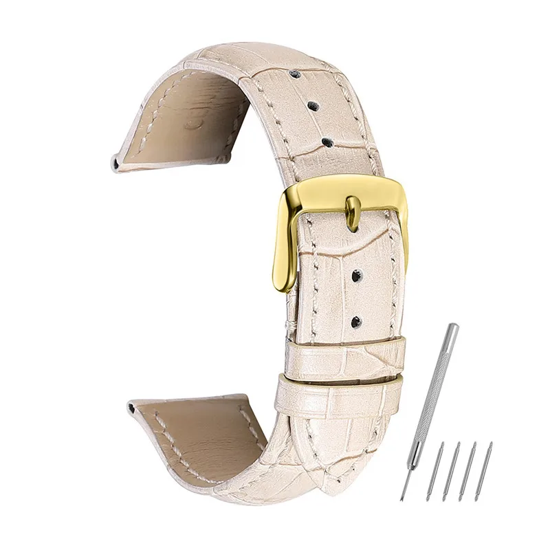 Beige Кожаный ремешок CHIMAERA 14, 15, 16, 18, 19, 20, 21, 22, 24 мм, Золотая Пряжка, черный, коричневый ремешок для часов, браслет из кожи аллигатора для Tissot - Цвет ремешка: Beige
