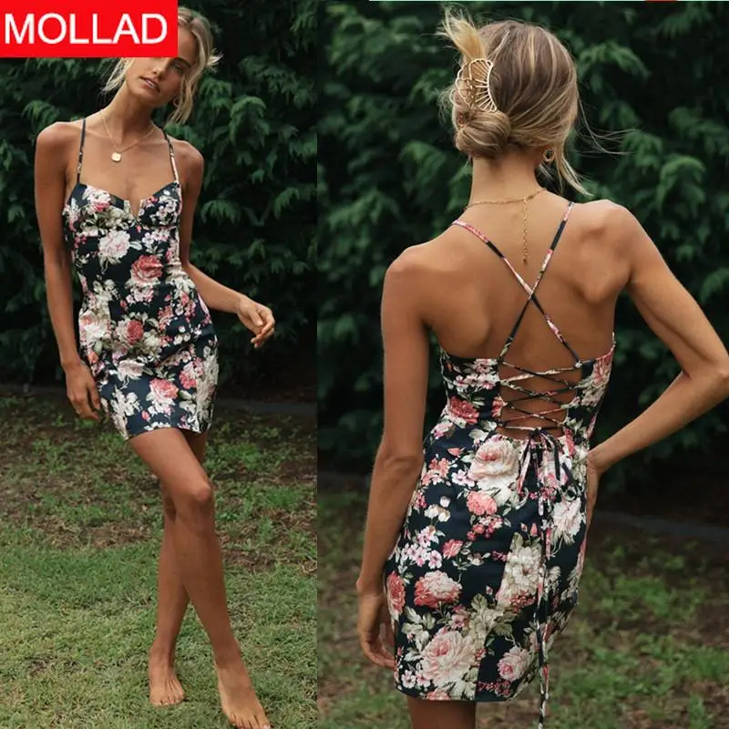 

2021 AliExpress Summer Printed Suspender dress High Waist Backless Dress Lace-up Beach Holiday Dress