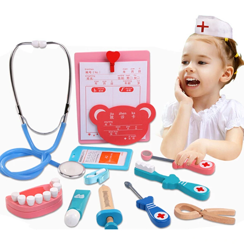 

5PCS/Set Wooden Toys Funny Pretend Play Real Life Cosplay Doctor Game Toy Dentist Medicine Box Pretend Doctor Play For Children