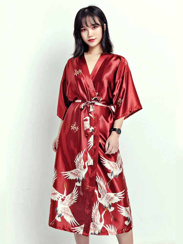 long robe 1 Большие размеры 3XL свадебное платье подружки невесты женские атласные шарфы кимоно банное платье сексуальное длинное платье с цветочным принтом - Цвет: long robe 1