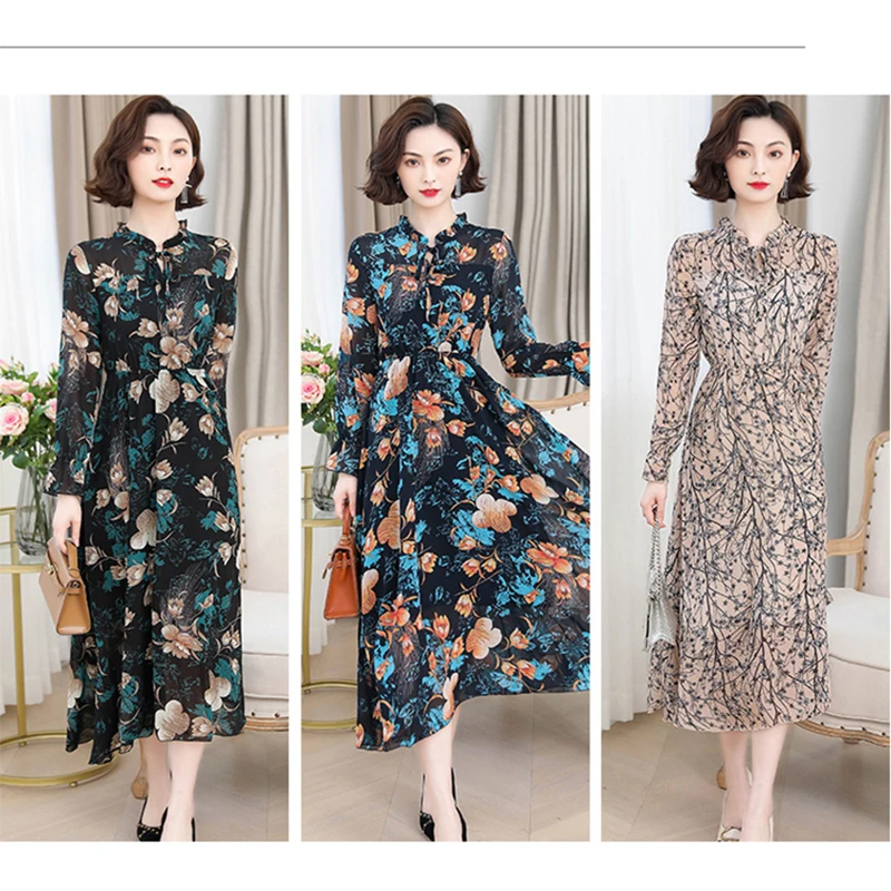 Летнее дамское шифоновое платье Осеннее модное элегантное с длинным рукавом и