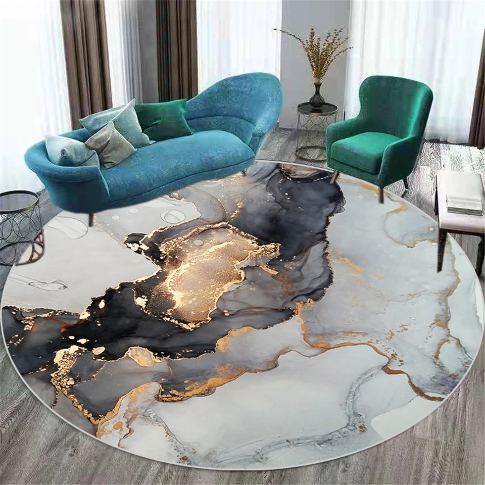 Круглый ковер в китайском стиле с абстрактным пейзажем черный для журнального