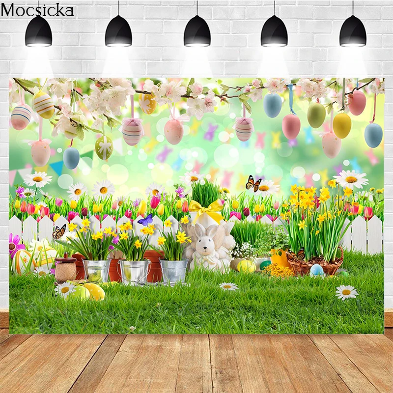 

Mocsicka Spring Easter Photography Background Eggs Flowers Bunny Decoration Studio Props Child Portrait Photo Backdrop Banner