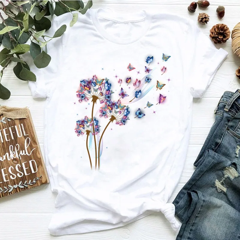 

Бабочки одуванчика и футболка с принтом модная женская футболка Женская повседневные футболки с короткими рукавами для мальчиков топы, Детские футболки, комплект из топа с женская летняя футболка