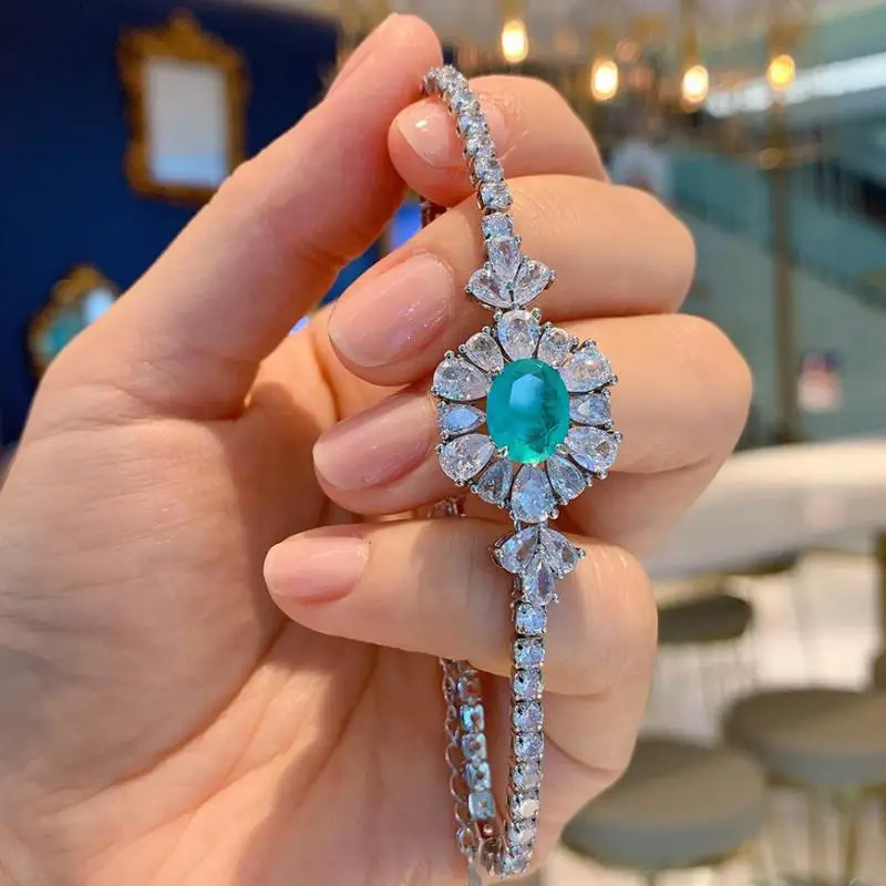 

Charms 925 Sterling Silver 8*10mm Paraiba Sapphire Emerald Ruby Strand Bracelet For Women Wedding Party Fine Jewelry Gift 17+5cm