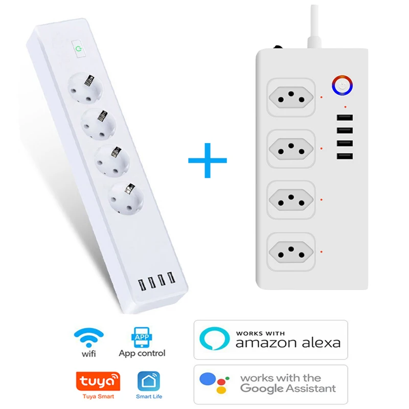 

Tuya WIFI Brazil EU Standard Smart Power Strip Voice Control Timing Extension Plug Remote Control Work With Alexa Google Home