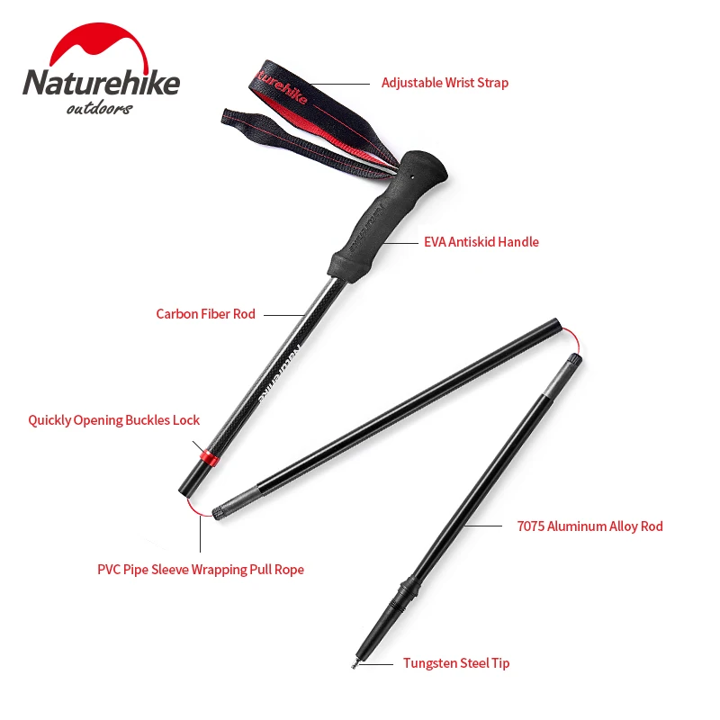 Naturehike 180 г Сверхлегкий трость углеродного волокна + Алюминий Stick Non-slip 4-секционный