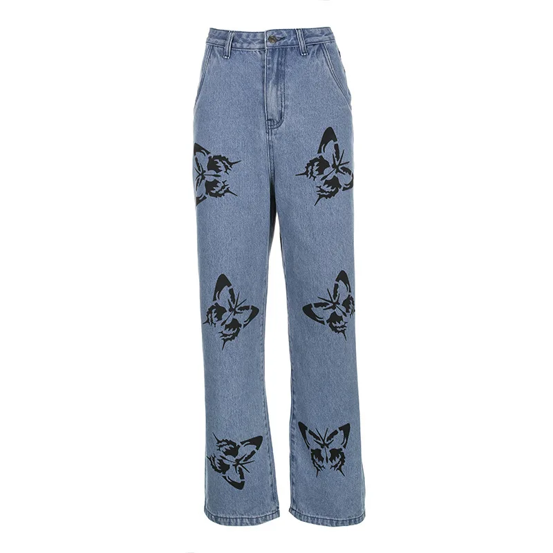 

Summer Vintage Jeans Women Long Trousers Cowboy Female Loose Streetwear Butterfly Print Pants