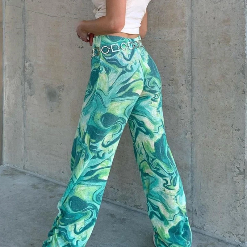 

Women High Waist Stacked Wide Leg Pants Abstract Tie-Dye Print Ruched Sweatpants