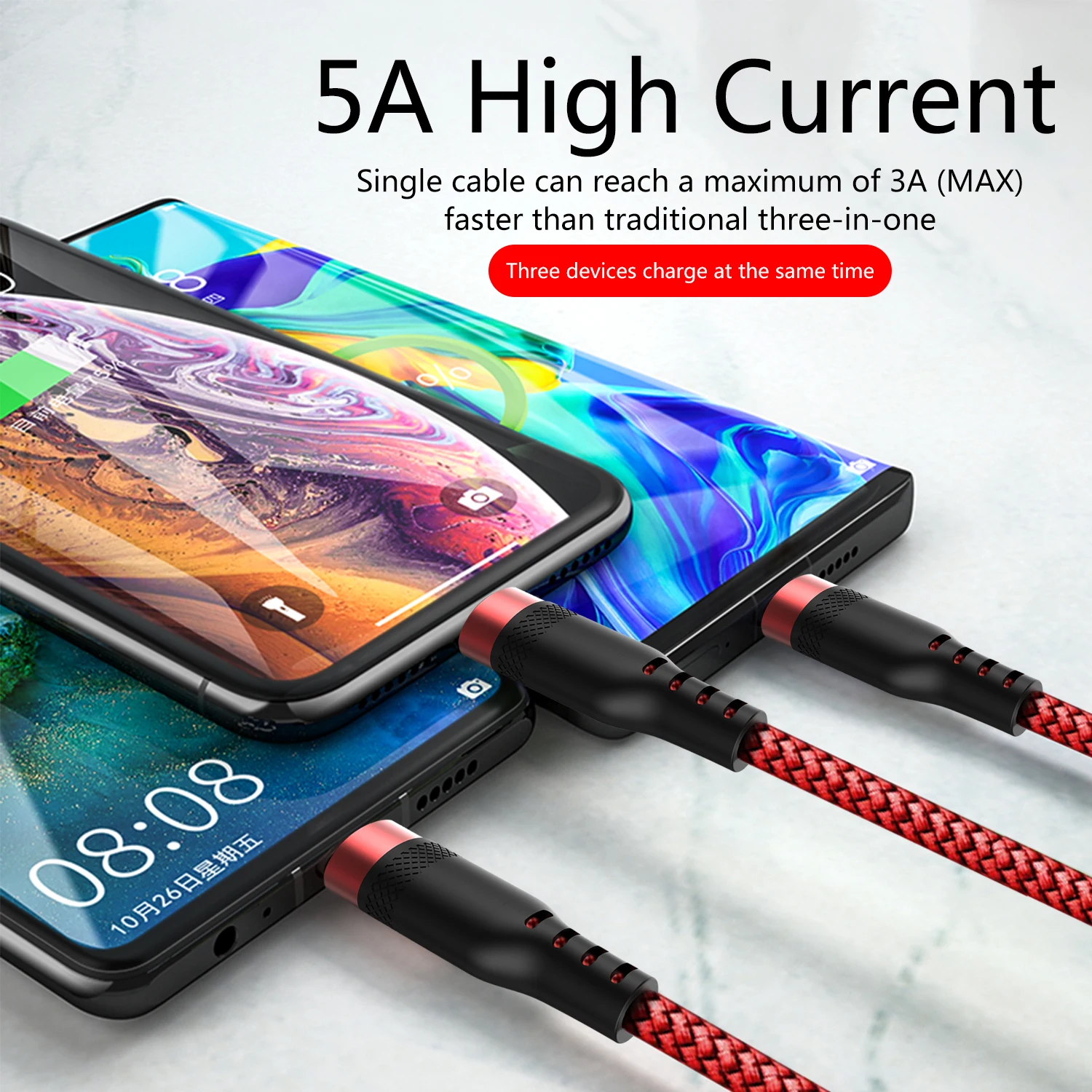 5A 3 in 1 Fast Charging USB Cable For Huawei Mate 40 Pro iPhone 13 12 11 Xiaomi Samsung Multiple Usb Phone Cord | Мобильные телефоны