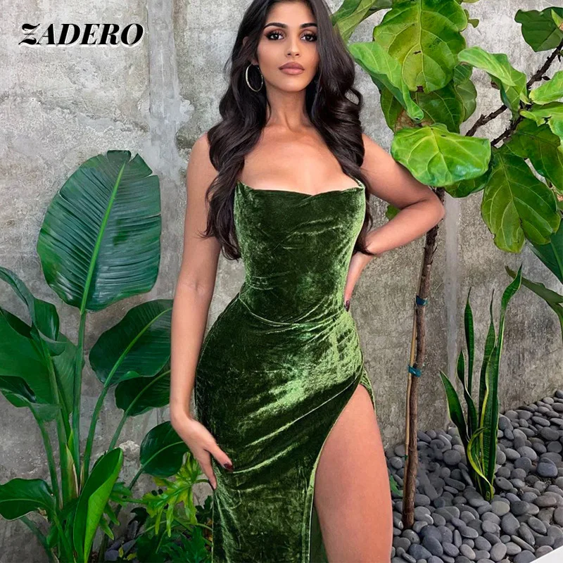 

Sexy Backless Sleeveless Party Velvet Maxi Dresses Women 2022Summer Vintage Elegant Off Shoulder Bodycon Dress Green Clubwear