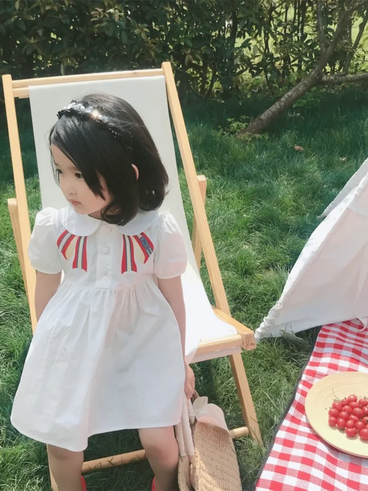 Girl Doll Collar College Dress Princess 2019 Summer Short Sleeve Bowtie Pattern Dresses Children Puff Causal Kids | Детская одежда и