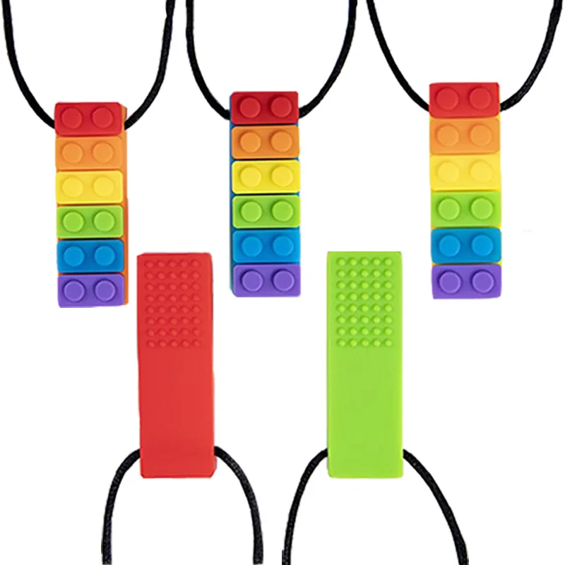 1Pc Sensory Chew Necklace Brick Chewy Kids Silicone Biting Pencil Topper Teether Toy, Silicone teether for children with autism