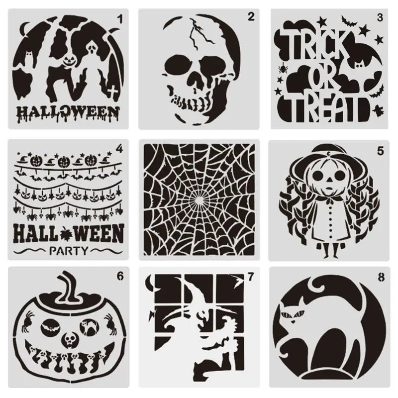 

9 Pieces Plastic Halloween Themes Stencils Scale Template Set,Pumpkin,Skeleton,Witch,Bat,Ghost,Art Drawing Painting DIY
