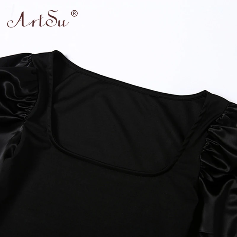 

ArtSu Square Collar Bodycon Women Vintage Dress Patchwork Satin Puff Sleeve Autumn Black Dress 2019 Winter Elegant Party Dresses