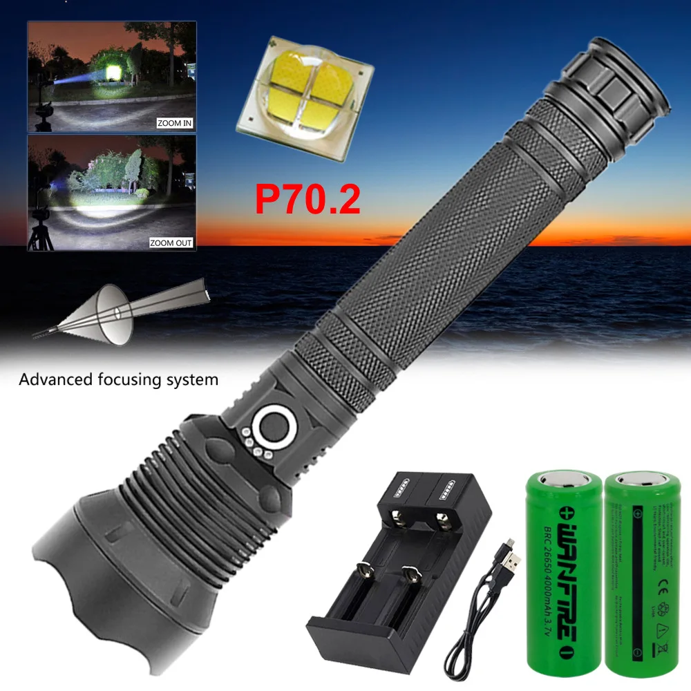 

P70.2 Outdoor Strong Light 3-Mode LED Lighting Flashlight Telescopic Zoom Flashlight Power Prompt tactical flashlight torch