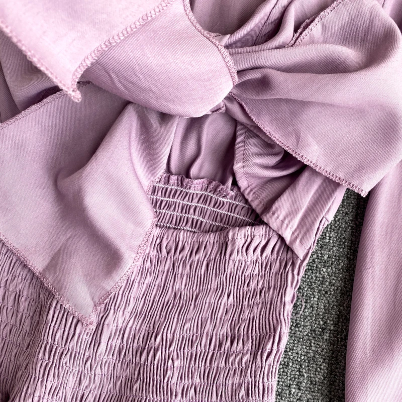 

Women Lantern Sleeve Shirt Solid Bowtie Front Blouse New Spring Autumn Deep V Neck Elastic Waist Casual Female Tops Blusas