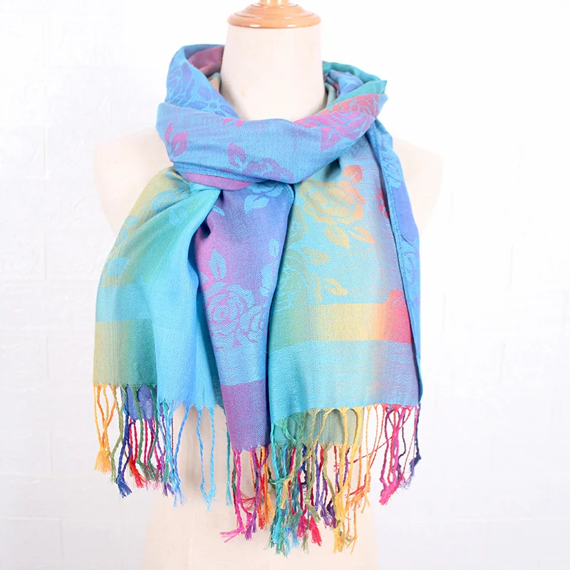 

Color Gradient Small Flower Scarf Ethnic Style Lengthened Jacquard Shawl Nepal Scenic Area Wraps Ladies Long Bufanda Pashmina