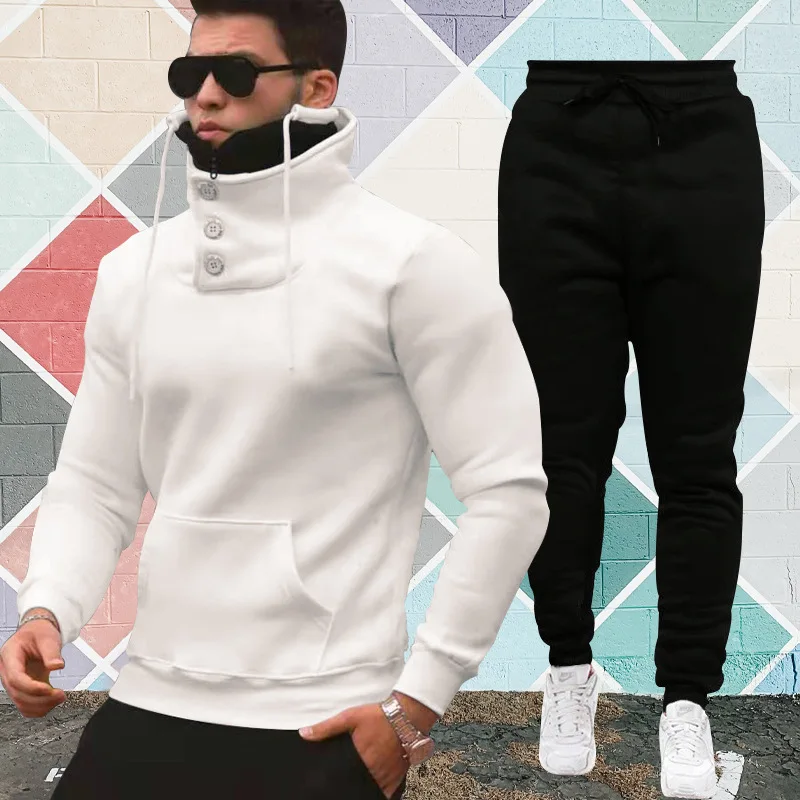 

The Fashion Tracksuit For Men Autumn Winter Stand Collar Hoodie + Pants Suits Casual Man Sets Football Uniform Clothes