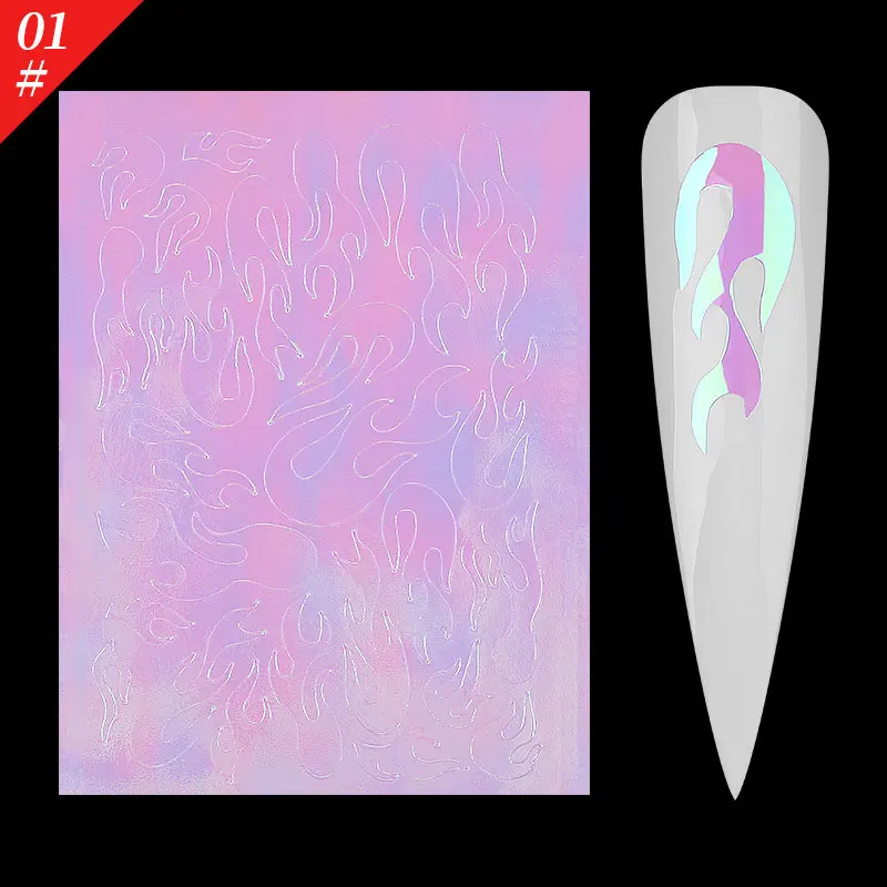 01 1 шт. голографическая огненная Лазерная Фольга для маникюра наклейка s 3D Пламя наклейки для ногтей Советы Маникюр клейкая пленка стикер DIY украшения для ногтей - Цвет: 01