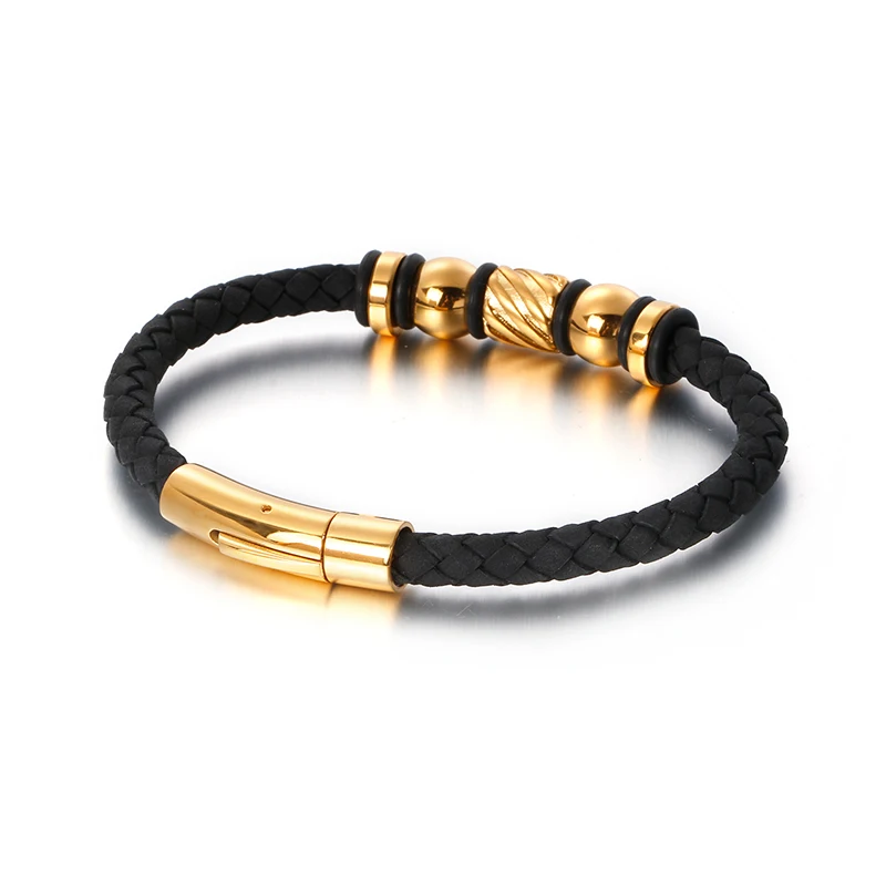 

HAOLYNJOY 21.5cm Stainless Steel GoldBlack Beads Charm Bracelet Men Hip Hop Woven Leather Wrap Bangle Jewelry Accessories