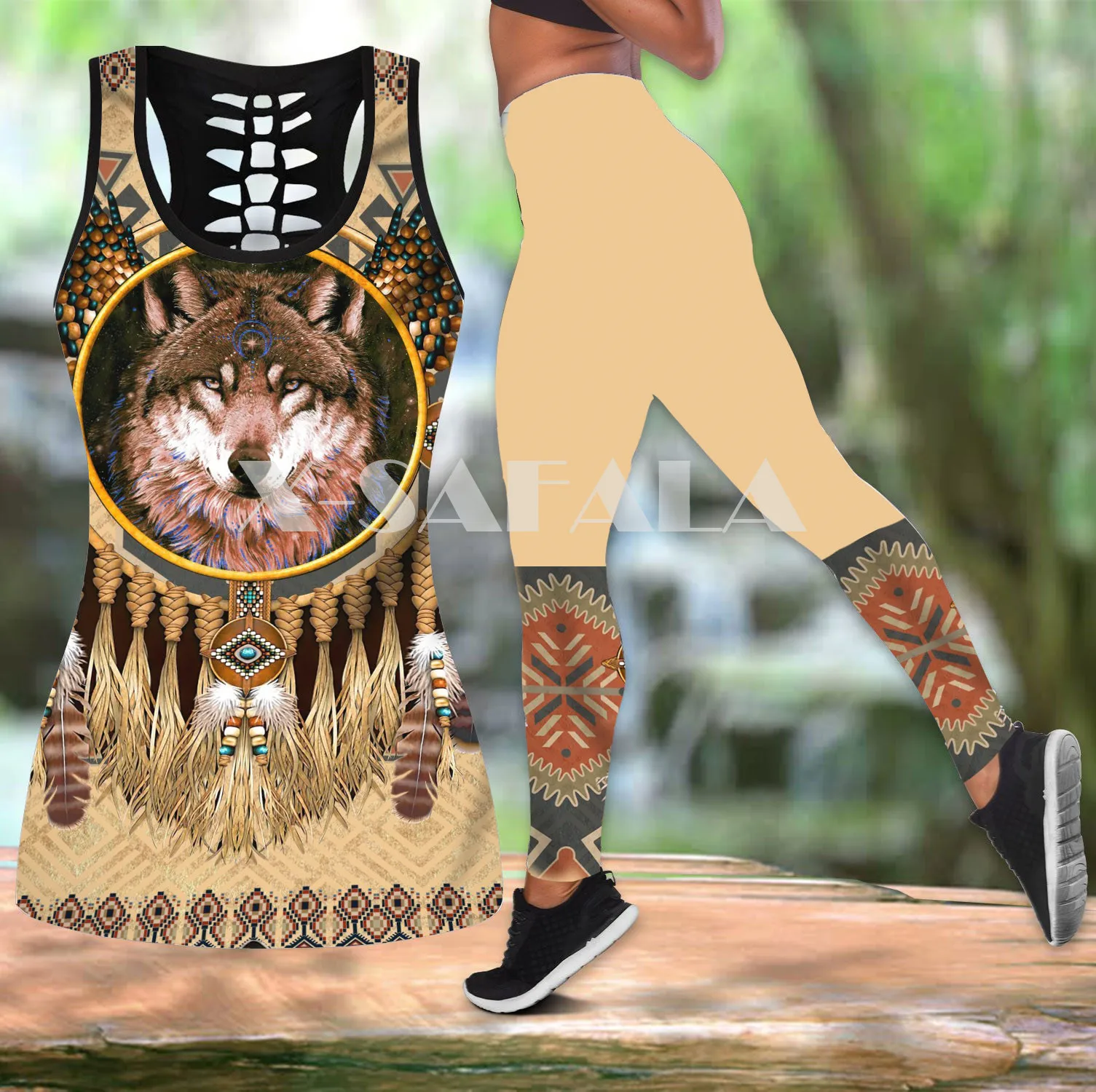 

Native Indian Wolf Animal Two Piece Yoga Set Women 3D Print Vest Hollow Out Tank Top High Waist Legging Summer Casual Sport-1