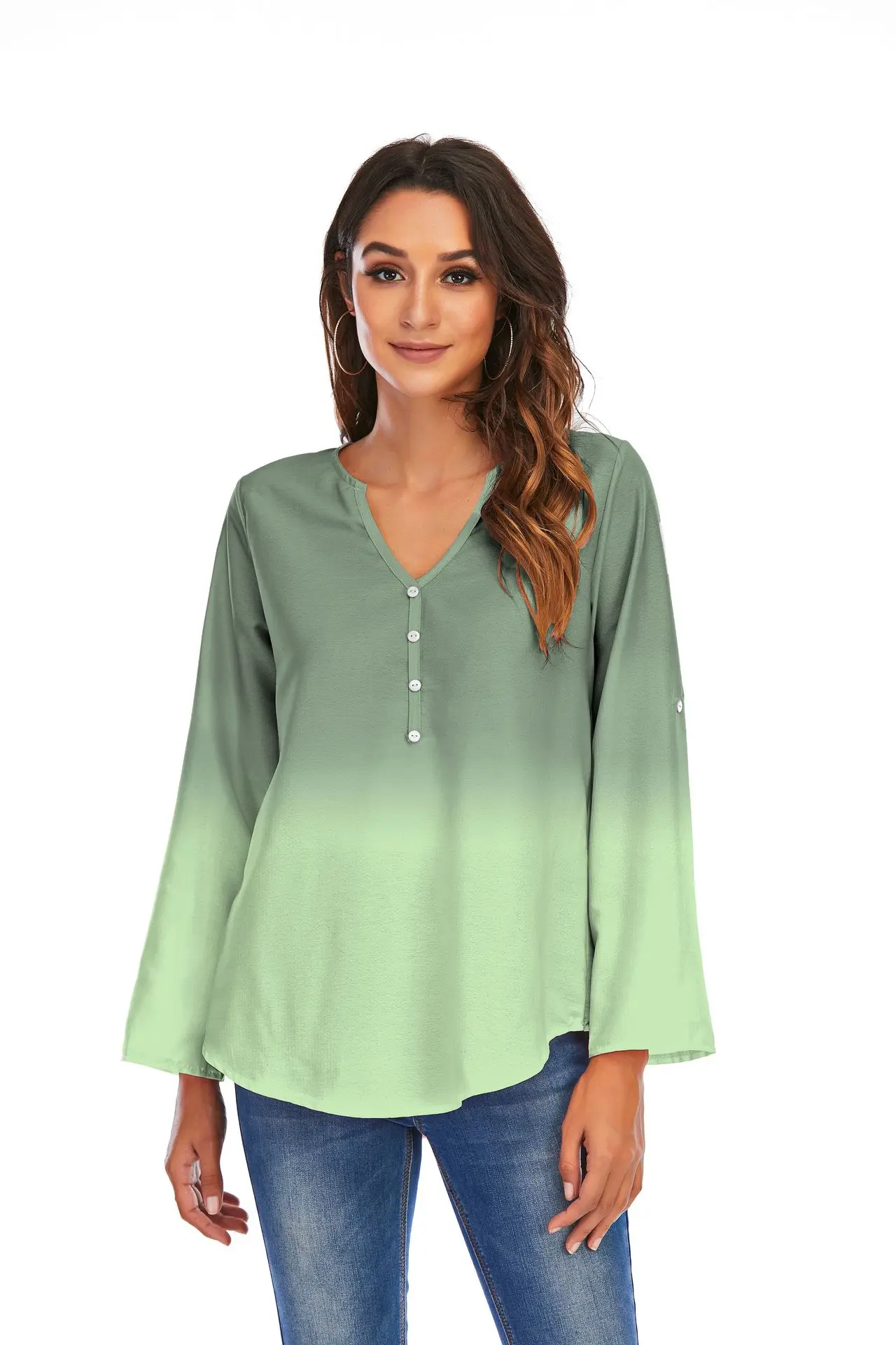 

Donsignet Fashion Women's Blouse Summer Casual V-neck Pullover Gradient Button Adjustable Sleeve Plus Size Long Sleeve Blouse