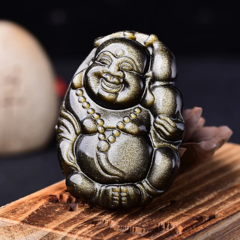 

Natural Gold Obsidian Carved Chinese Handmade Laughing Buddha Amulet Blessing Pendant + free Necklace Charming Gift Jewelry