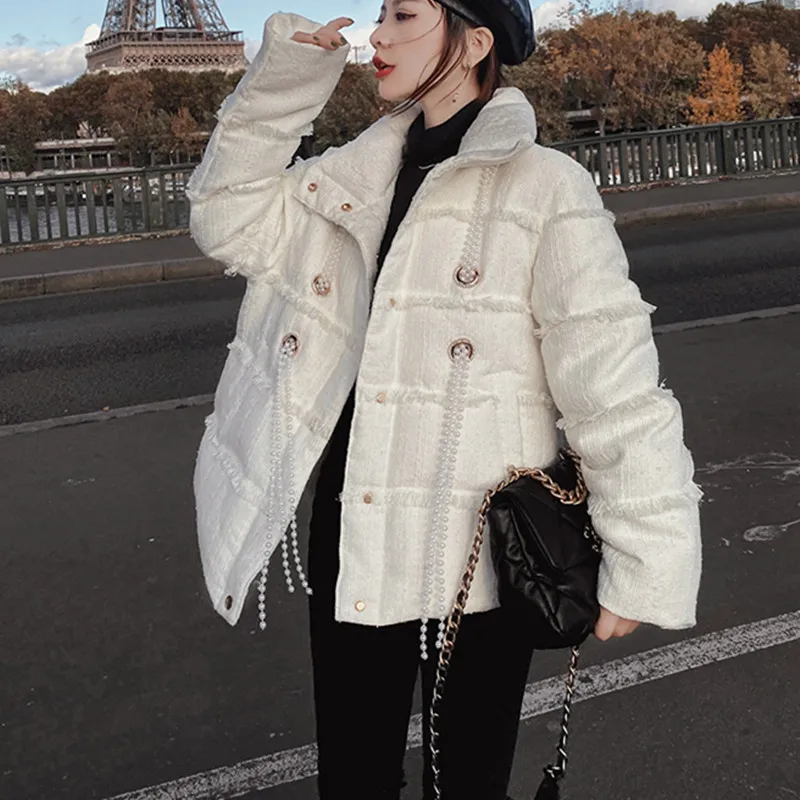 Женская твидовая парка с жемчужинами и бахромой теплая белая однобортная