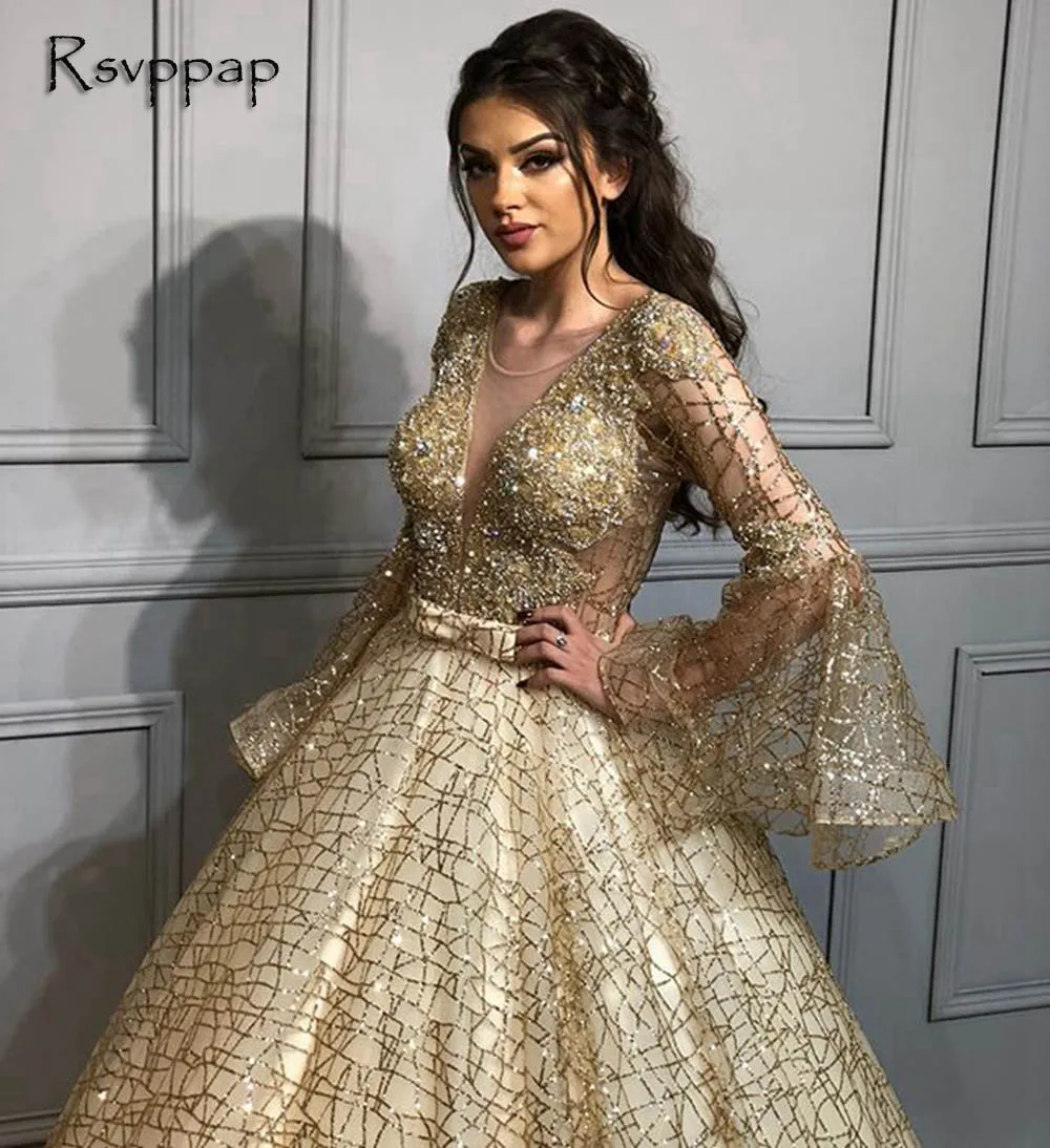 

Long Evening Dress 2021 Ball Gown Long Sleeve Crystals Gold Arabic Dubai Sequin Women Formal Evening Formal Gowns