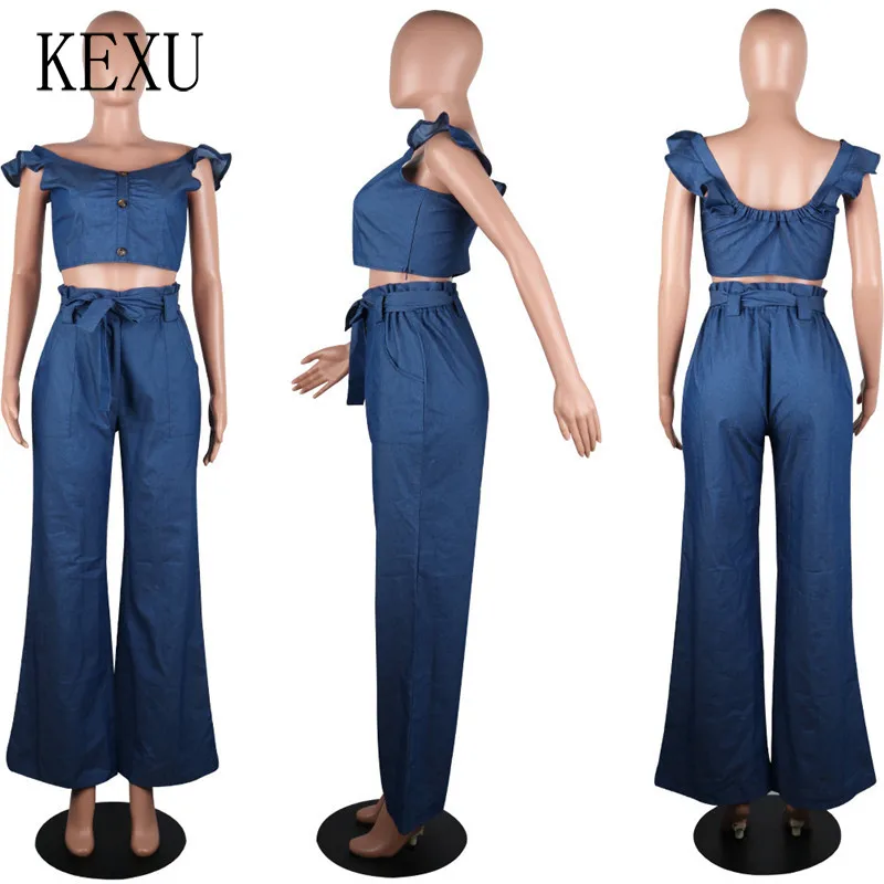 

KEXU Denim Elegant Flars Pants Suit Women Crop Top High Waist Wide Leg Long Pants Two Piece Set Sexy Bandage Bodycon Party Wear